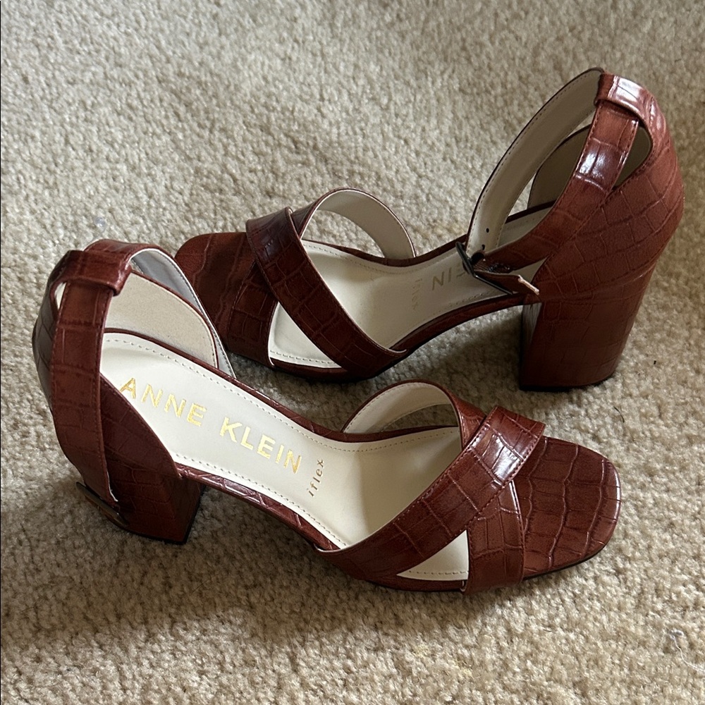 Anne Klein Brown Croc-Embossed Block Heel Sandals